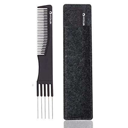 HYOUJIN615 Black Carbon 5 Metal Prong Styling Comb,Lift Teasing Comb,Lifting Fluffing Comb for Salon Use-with Five Pins and Stainless Steel Lift-Best for making bun hair style-Anti static