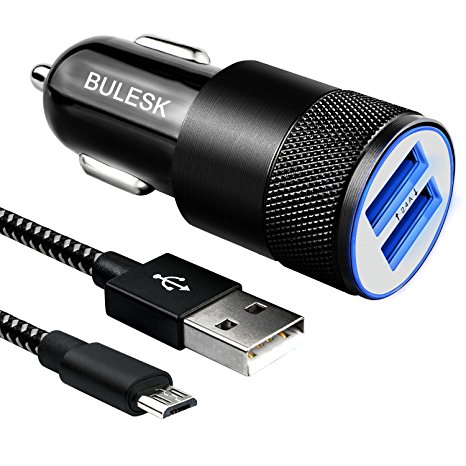BULESK Car Charger, 24W 4.8A Rapid Dual Port USB Car Adapter with 3FT Micro USB Cable Charging Cord for Android Devices, Samsung Galaxy, Sony, Motorola Nokia,and More - Black