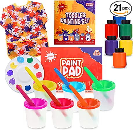 J MARK Toddler Washable Tempera Paint Set – Spill Proof Paint Cups, Paint Pad, Paint Brushes, Art Smock, Non Toxic Water Based Tempera Paint, Mixing Palette – Toddler Painting Set