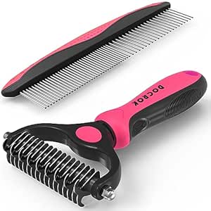 Pet Grooming Brush and Metal Comb Combo, Cat Brush Dog Brush for Shedding, Undercoat Rake for Dogs Grooming, Dematting Deshedding Brush Dogs Shedding Tool for Long matted Haired Pets, Pink