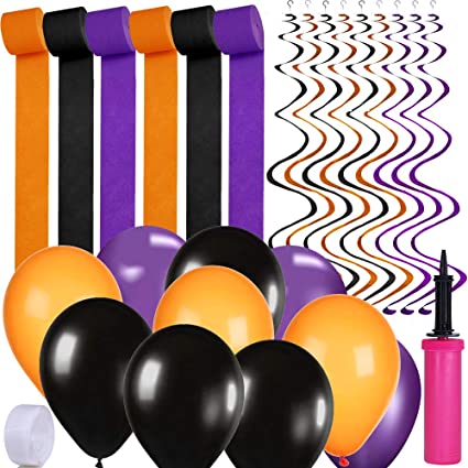 Supla Halloween Party Decoration Supplies Paper Streamers Backdrop Orange Purple Black Halloween Latex Balloons Bulk Twirly Whirlys Hand Inflator Pump for Halloween Festival Holiday