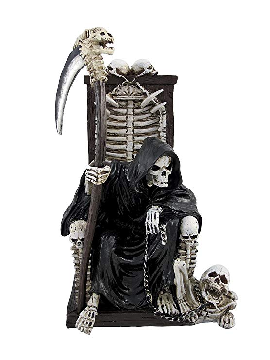 Grim Reaper on Throne with Undead Skeleton Pet Statue by Things2Die4