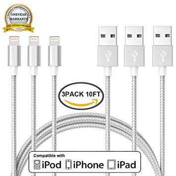 Airsspu Lightning Cable,3Pack 10FT Charger Extra Long Nylon Braided USB Cord certified iPhone Cable for iPhone 5/5S/5C/SE 6/6S 6 Plus/6S Plus 7/7 Plus, iPad mini/Air/Pro(Silver Gray.10FT)
