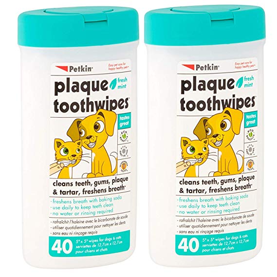 Petkin Plaque Toothwipes Fresh Mint 2 Packs of 40 Wipes - Cleans Teeth, Gums, Plaque & Tartar, freshens Breath. Tooth Wipe for cat or Dog.