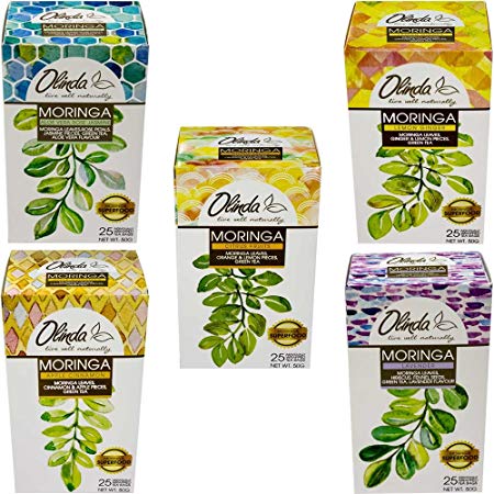 Premium Gift Set Olinda Moringa Oleifera Green Tea Superfood Variety Pack 5 Exotic Assorted Flavors Of Individually Wrapped Tea Bags (25 Per Flavor 125 Bags Total)