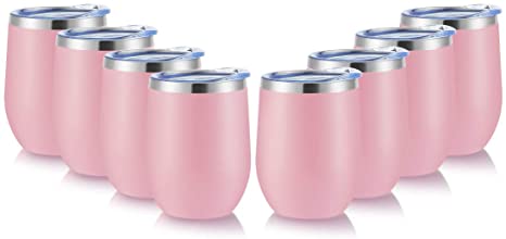 DOMICARE Insulated Wine Tumbler with Lid (8 Pack, Pink) - 12 OZ Stemless Double Wall Vacuum Traval Mug - Keeping Cold & Hot for Wine, Coffee, Cocktails, Drinks