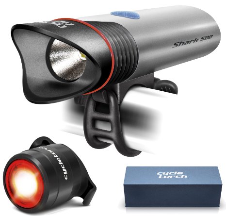 SUPERBRIGHT Bike Light USB Rechargeable LED - FREE Taillight INCLUDED- Cycle Torch Shark 500 Set - 500 Lumens - Fits ALL Bikes Hybrid Road MTB Easy Install and Quick Release