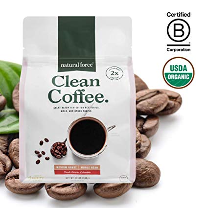 New! Natural Force Clean Coffee, Crafted for Health and Purity, Tested for Mold & Toxins - Premium Whole Bean Medium Roast from Specialty Grade Organic Coffee *High in CLA Antioxidants*, 12 Ounce