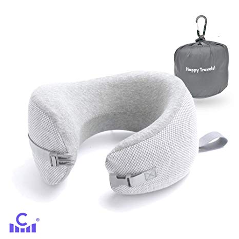 Cushion Lab Patented Extra Dense Memory Foam Travel Pillow - Supports Your Head in Any Sitting Position, No More Neck Strain - Adjustable Portable Neck Pillow for Airplane, Car, Train. Inc Travel Bag