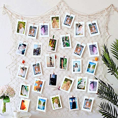 White Fishing Net with White 40 Paper Photos Frames Wall Decorations Fits 6x4 inch, for School Home Party Display Memories, Hanging on walls Collage Ornaments Pictures Display with Clips Set