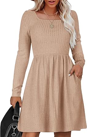 Zeagoo Womens Casual Sweater Dress Square Neck Knit Long Sleeve Dress with Pockets A-Line Knee Length Fall Winter Dress