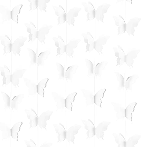 Cieovo Butterfly Hanging Garland 3D Paper Bunting Banner Party Decorations Wedding Baby Shower Home Decor White 4 Pack, 110 inch Long Each