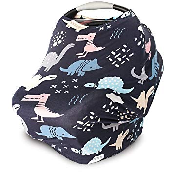 Nursing Cover, Car Seat Canopy, Shopping Cart, High Chair, Stroller and Carseat Covers for Boys Or Girls- Best Stretchy Infinity Scarf and Shawl- Multi Use Breastfeeding Cover- Dinosaurs