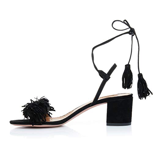 Comfity Block Heels for Women Women's Lace up Sandals Fringed Tassel Shoes Ankle Ties Dress Sandals
