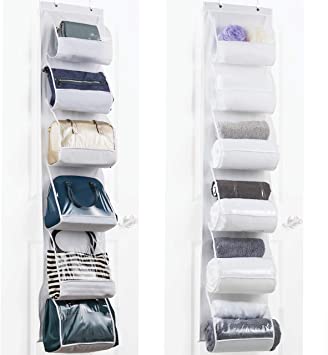 Over The Door Purse Organizer & Storage (2Pack) Handbag Organizer with 6 Easy Access Deep Pockets - Durable Metal Hooks, Handbag Organizer with Clear Pockets -Ideal for Scarf, Umbrella/Accessories Etc