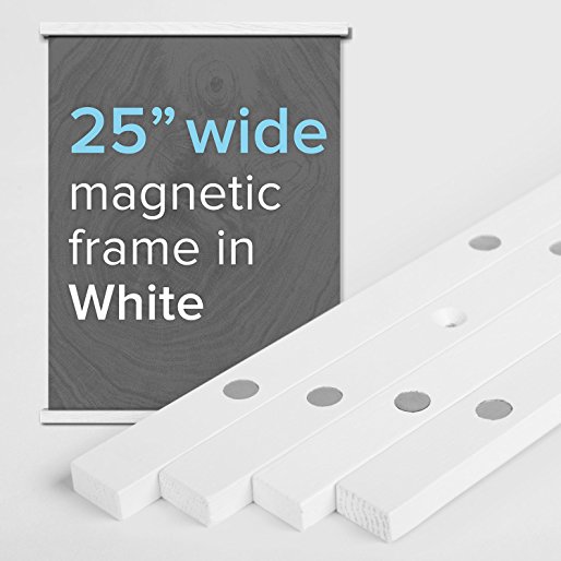 25” Wide Magnetic Poster Frame Hanger in White – Solid Wood and Magnets Strong Enough to Hang ANY Length