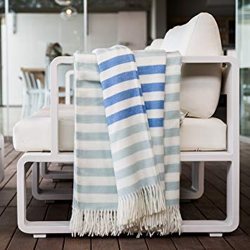HAVEN & EARTH Duckegg Blue Throw Blanket for Couch or Bed. Large, Warm & Cozy. MELODY BORDER STRIPE. Supersoft for Snuggling