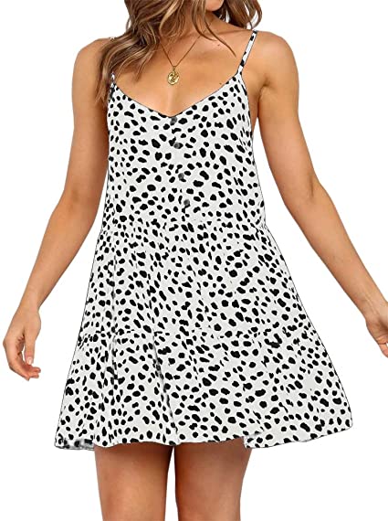 Jeanewpole1 Womens Leopard Spaghetti Strap Mini Dress Sexy Button Down Ruffle Short Sundress
