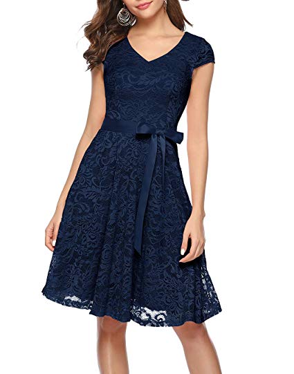 BeryLove Women's Floral Lace Short Bridesmaid Dress Cap Sleeve Cocktail Party Dress