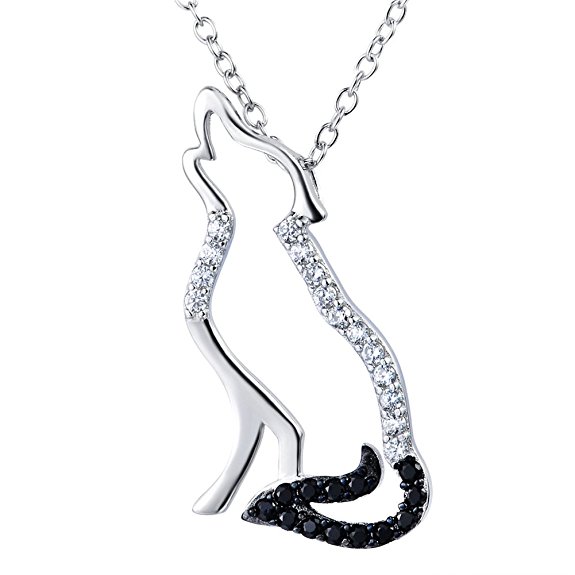 YFN 925 Sterling Silver Personalized Two Tone Cubic Zirconia Wolf Pendant Necklace 18"