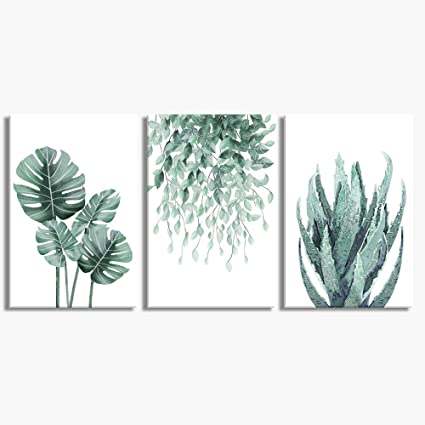 Green Canvas Wall Art for Living Room Bedroom, Monstera Shallow Green Leaf Tropical Succulent Plant Picture Canvas Prints,Modern Framed Minimalist Water Color Set of 3 Piece 16" X 24"