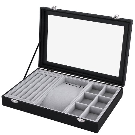 Songmics Black Leather Jewelry Box Display Tray Show Case Storage Organizer /w Large Glass Top UJDS306