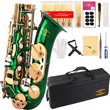 Glory Green/Gold Keys E Flat Alto Saxophone with 11reeds,8 Pads cushions,case,carekit-More Colors with Silver or Gold keys