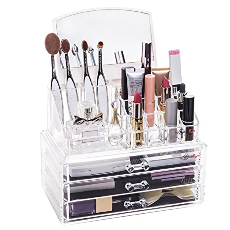 Comprehensive Makeup Organizer with 16 Compartments 3 Drawers and Pluggable Mirror Acrylic Choice Fun Transparent QFJJSN-NSF-1304M