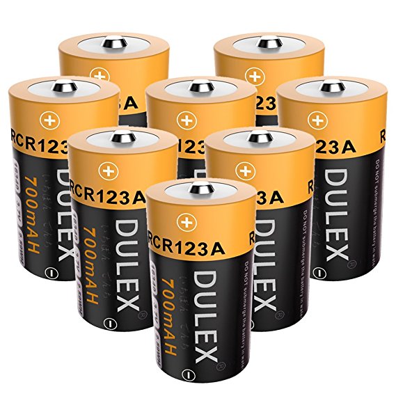 DULEX CR123A Rechargeable Batteries, 8 Pack 700mAH 16340 RCR123A 3.7V Lithium ion Camera Batteries for Arlo Wireless Security Cameras