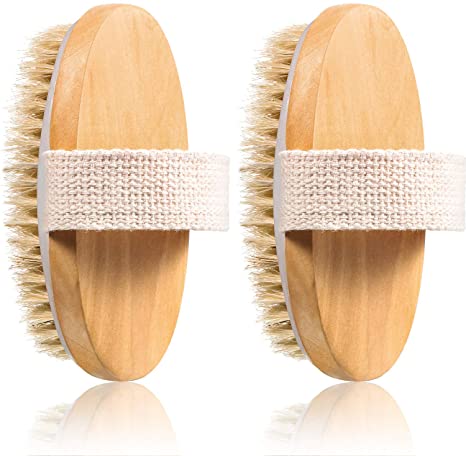 2 Packs Dry Skin Body Brush, Exfoliating Body Scrub Brush Natural Soft Bristle Body Brush, Wet and Dry Body Brush for Showering and Bathing, Exfoliate Dead Skin and Smooth Cellulite