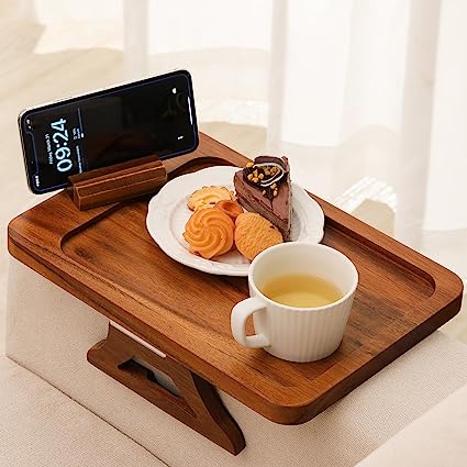 GEHE Acacia Wood Couch Arm Table, Folding Sofa Arm Table with 360 Rotating Phone Bracket, Wooden Couch Arm Tray for Small Spaces, Sofa Table for Eating and Drinking, Back Non-Slip Pad