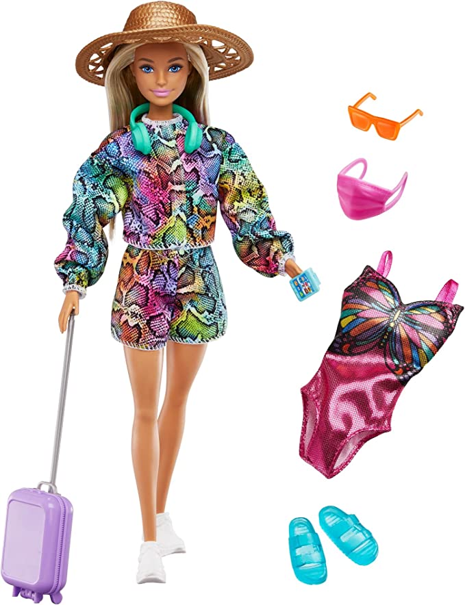 Barbie Holiday Fun Doll (12 inches), Blonde Highlighted Hair, Travel Tote & Hat, Swimsuit & Summer Accessories, Great Gift for Kids 3 to 7 Years Old