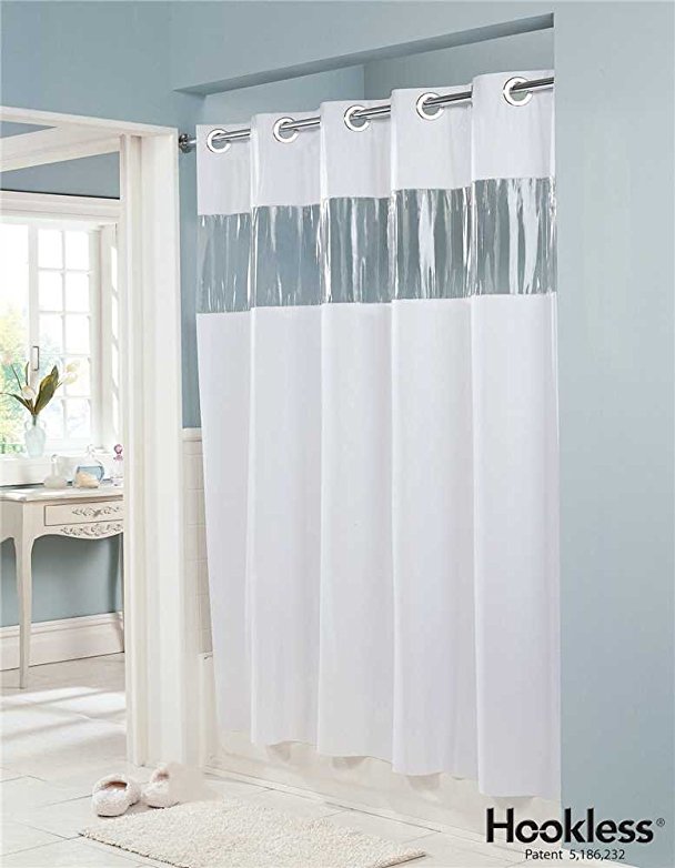 Vision VINYL Shower Curtain HOOKLESS - WHITE with Clear Top