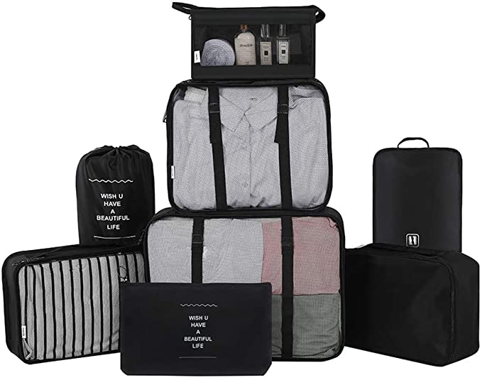 Belsmi 8 Set Packing Cubes with Toiletry Bag Waterproof Mesh Travel Luggage Packing Organizer Shoes Bag (Black)