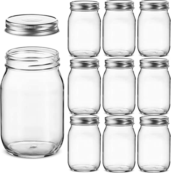 Glass Regular Mouth Mason Jars, 16 Ounce Glass Jars with Silver Metal Airtight Lids for Meal Prep, Food Storage, Canning, Drinking, Overnight Oats, Jelly, Dry Food, Spices, Salads, Yogurt (10 Pack)