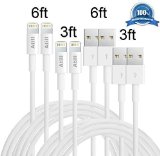 Atill 3ft and 6ft 8 Pin to USB Sync Charging Cable Cord for iPhone 6s 6s plus 6 Plus 6 iPhone 5s 5c 5 iPad Air Mini Mini 2 iPad 4 iPod 5 and iPod Nano 7 - Pack of 2 Each - White