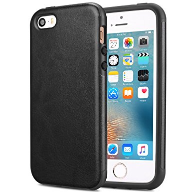 TENDLIN iPhone SE Case Leather Back Flexible TPU Silicone Good Protection Case for iPhone SE and iPhone 5S 5 (Black Leather)