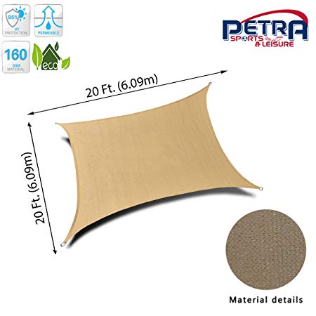 Petra's 20 Ft. X 20 Ft. Square Sun Sail Shade. Durable Woven Outdoor Patio Fabric w/Up To 90% UV Protection. 20x20 Foot. (Desert Sand)