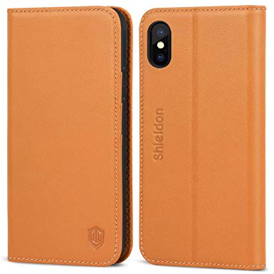iPhone Xs Case, iPhone Xs Wallet Case, SHIELDON Genuine Leather Flip Magnetic Book Design [Auto Sleep/Wake] [Credit Card Slots] Shock-Absorbing Protective Case Compatible with iPhone Xs (5.8") - Brown
