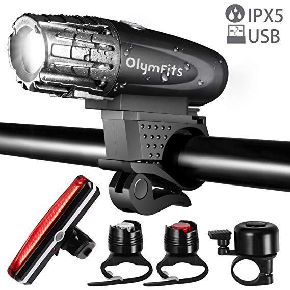 OlymFits USB Rechargeable Bike Light Set LED Tail Light, Powerful Lumen WaterProof Bicycle Light Headlight Front and Back Rear Light for Outdoors, Cycling, Kids