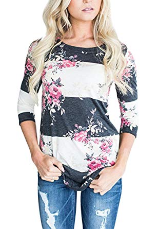 AIYUE Women Floral Print T Shirts 3/4 Sleeve Striped Blouse Retro Casual Shirt Tops
