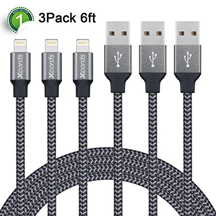 Xcords(TM) 3Pack 6Ft Nylon Braided Lightning to USB Syncing and Charging Cable Data Cord Compatible with iPhone 7/7 Plus/6/6 Plus/6s/6s Plus /5/5s/5c/SE/iPad/iPod and More(Carbon Black)