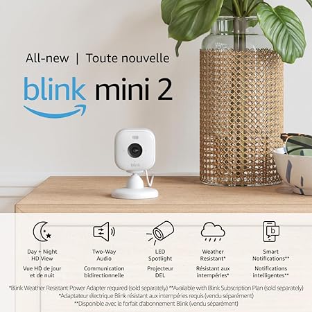 All-new Blink Mini 2 — Plug-in smart security camera, HD night view in color, built-in spotlight, two-way audio, motion detection, Works with Alexa (White)