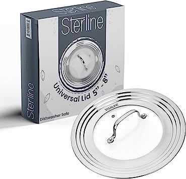 Sterline Small Universal Lid - Fits 5 - 8 Inch Cookware - Tempered Glass Top with Steam Vent for Pots, Pan, and Cast Iron Skillets - Stainless Steel Replacement Pot Lid for Kitchen Organizing, Space Saving