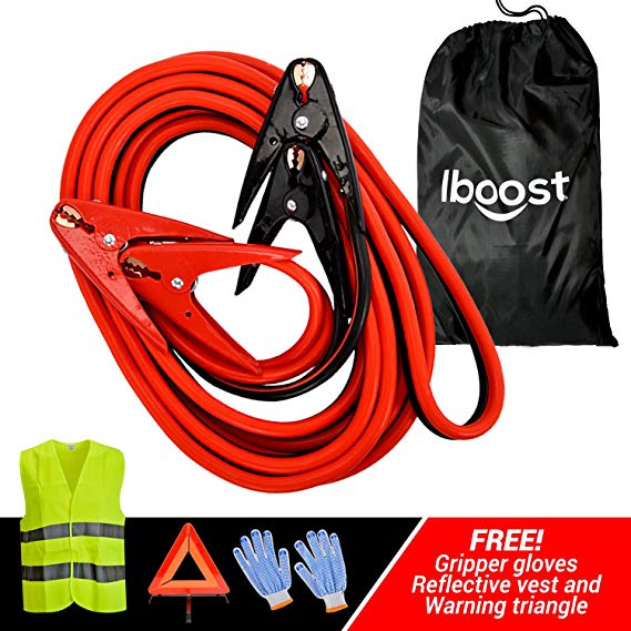iBoost Jumper Cables for Car Battery, Heavy-Duty 1G Cable Gauge, 800-Amp, 25 Ft Jumpstart Cables with Gloves, Vest, and Warning Triangle