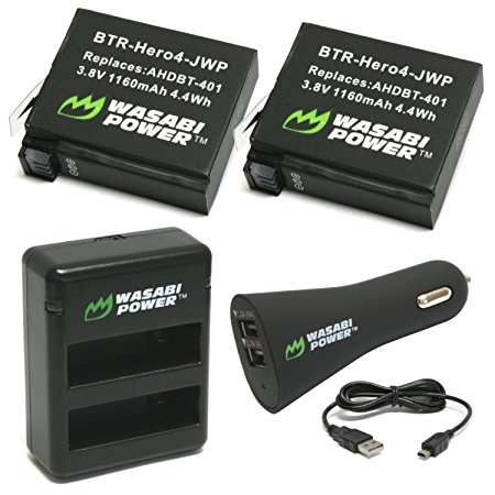 Wasabi Power Battery (2-Pack) for GoPro HERO4 and Dual Charger with Car Adapter