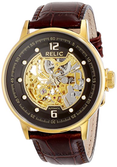 Relic Men's Damon Automatic Skeleton Brown Leather Watch ZR77241