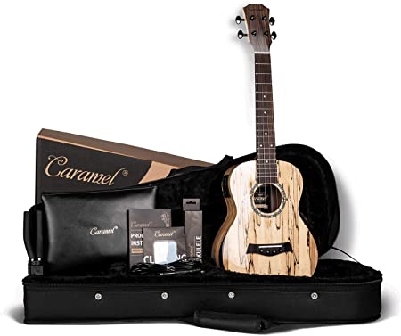 Caramel 26inch CT608 All Spalted Maple wood High Gloss Tenor LCD color display Electric Ukulele with Armrest Professional Ukelele Kit Beginner Pack Bundle, Hard Case, Strap and Wall mount Set