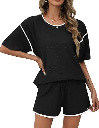 Ekouaer Sweater Lounge Sets 2 Piece Short Sleeve Knit Top and Shorts Matching Pajamas Outfit Sets for Women