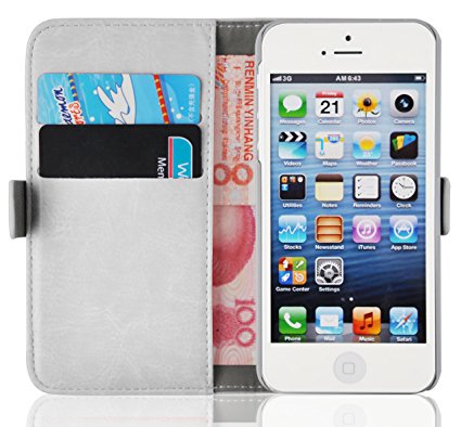 iPhone 5 Case, iPhone 5s Wallet, JAMMYLIZARD Luxury Edition Leather Premium Wallet Cover with Movie Stand for iPhone 5 / 5s and iPhone SE, White